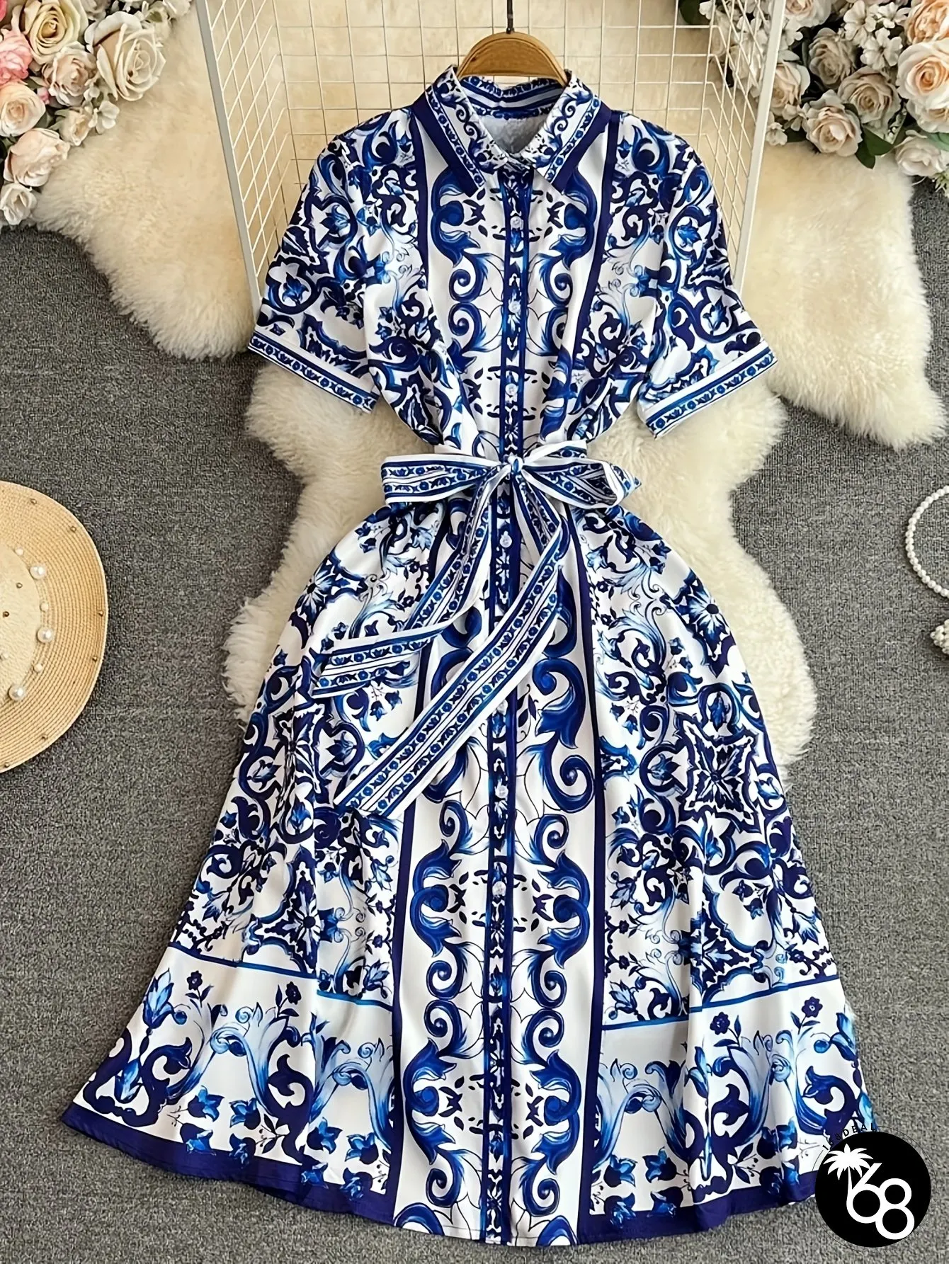 Womens Vintage Floral Print Shirt Dress With Adjustable Waist Tie Short Sleeve Summer Red | 168DEAL