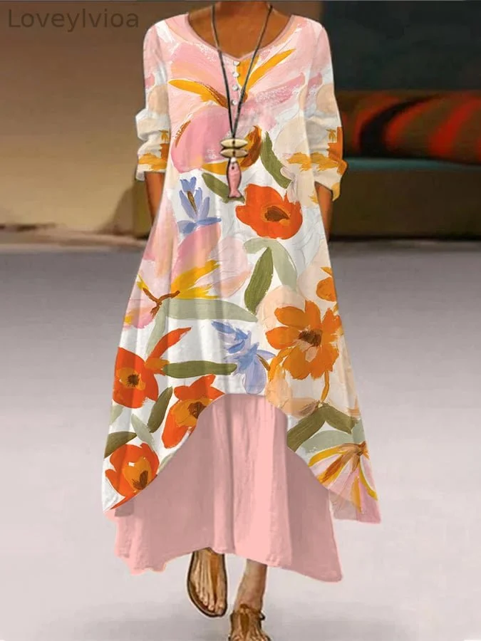 Women's Art Floral Casual Double Layer Print Contrast Dress