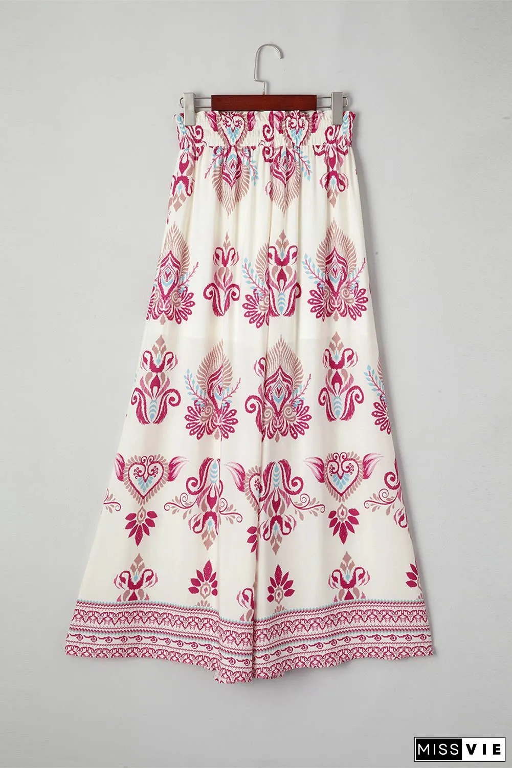 Boho Printed Shirred High Waist Flowy Wide Leg Pants