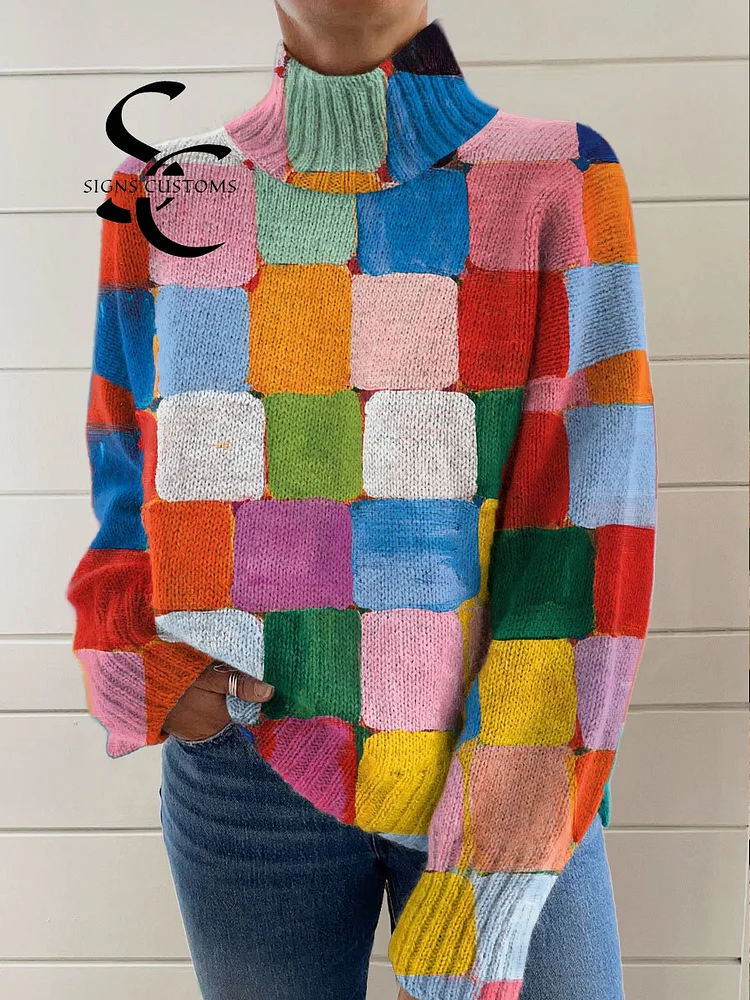 Women's Art Color Plaid Print Knit Turtleneck Pullover Sweater