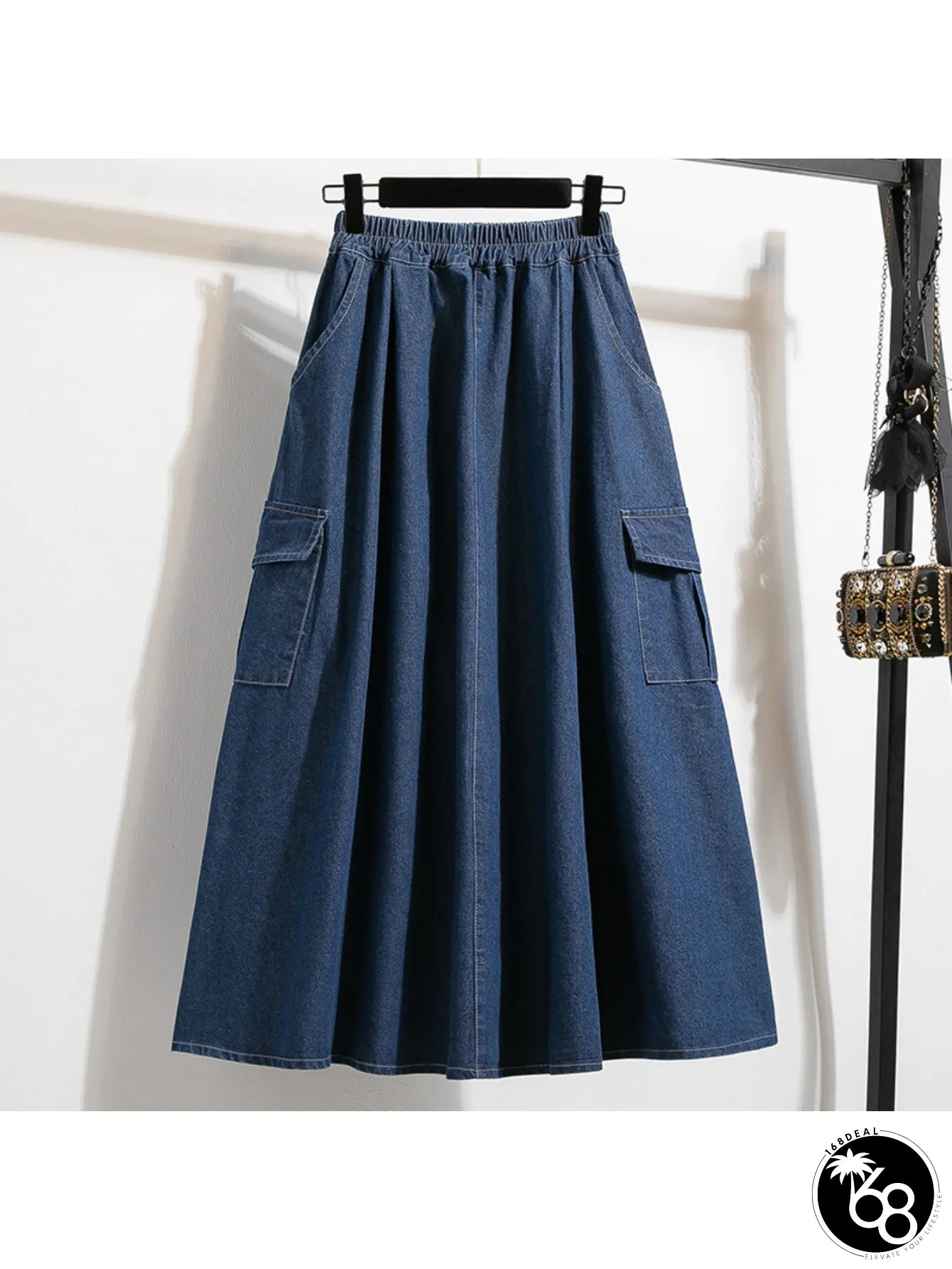 Womens High-Waisted A-Line Denim Skirt with Pockets Solid Dark Blue Distressed Texture | 168DEAL