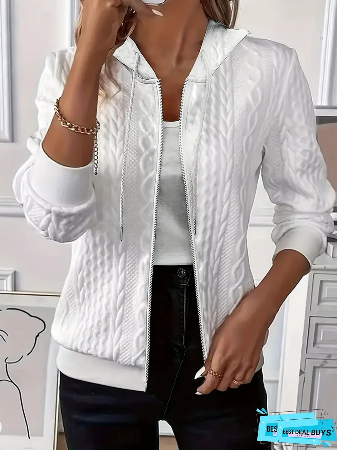 Women&lsquo;s Plus Size Elegant Textured Zip-Up Hooded Sweatshirt Jacket - Full-Zip Front Closure, Long Sleeve Winter Warmth, Solid Color Casual to Formal Outerwear, Cozy Fall & Winter Clothing with Drawstring Hood