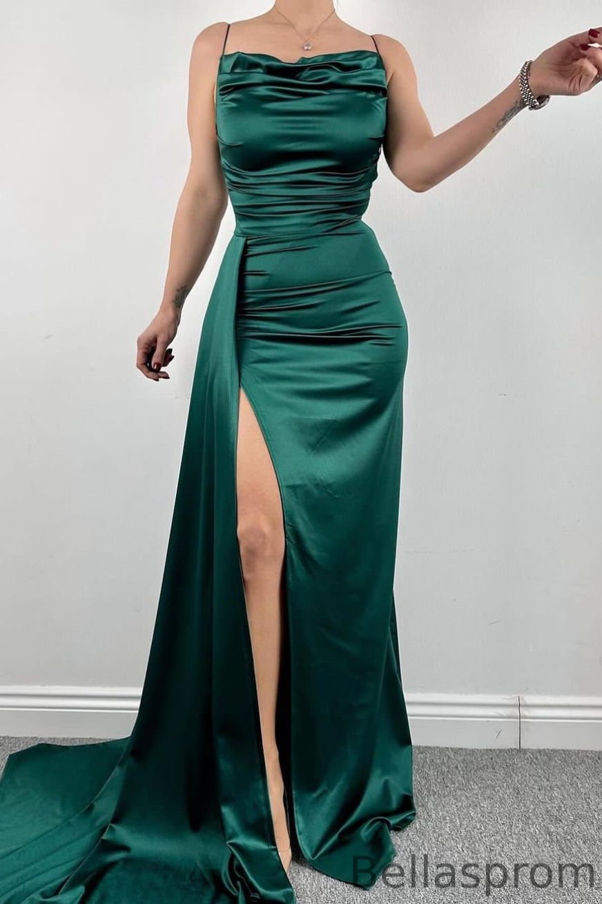 Bellasprom Spaghetti-Straps Sleeveless Mermaid Prom Dress With Split Ruffles Pleats Bellasprom