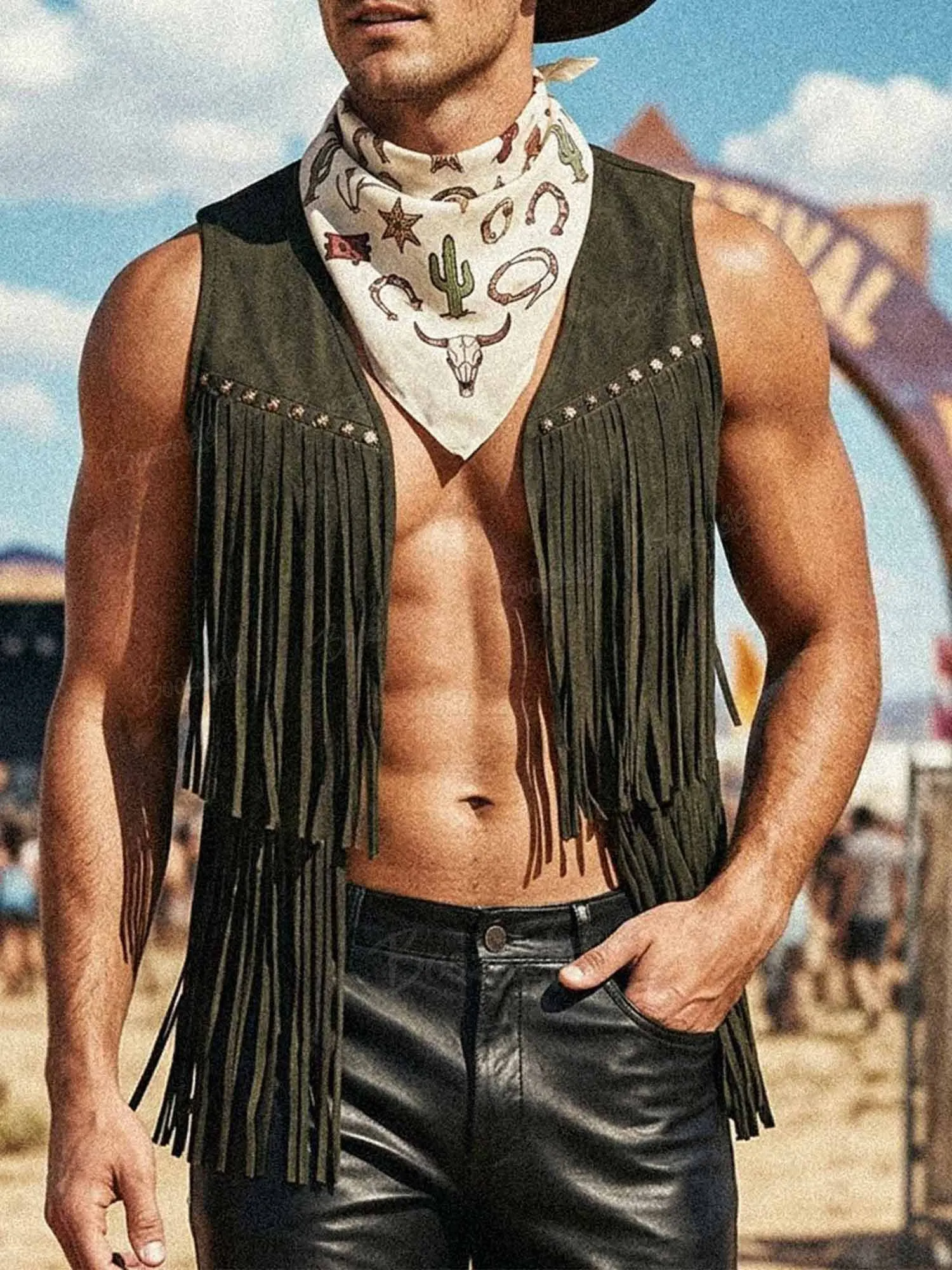 Men'S Suede Sleeveless V-Neck Vest Jacket With Stud Details, Fringe Trim, And Front Opening