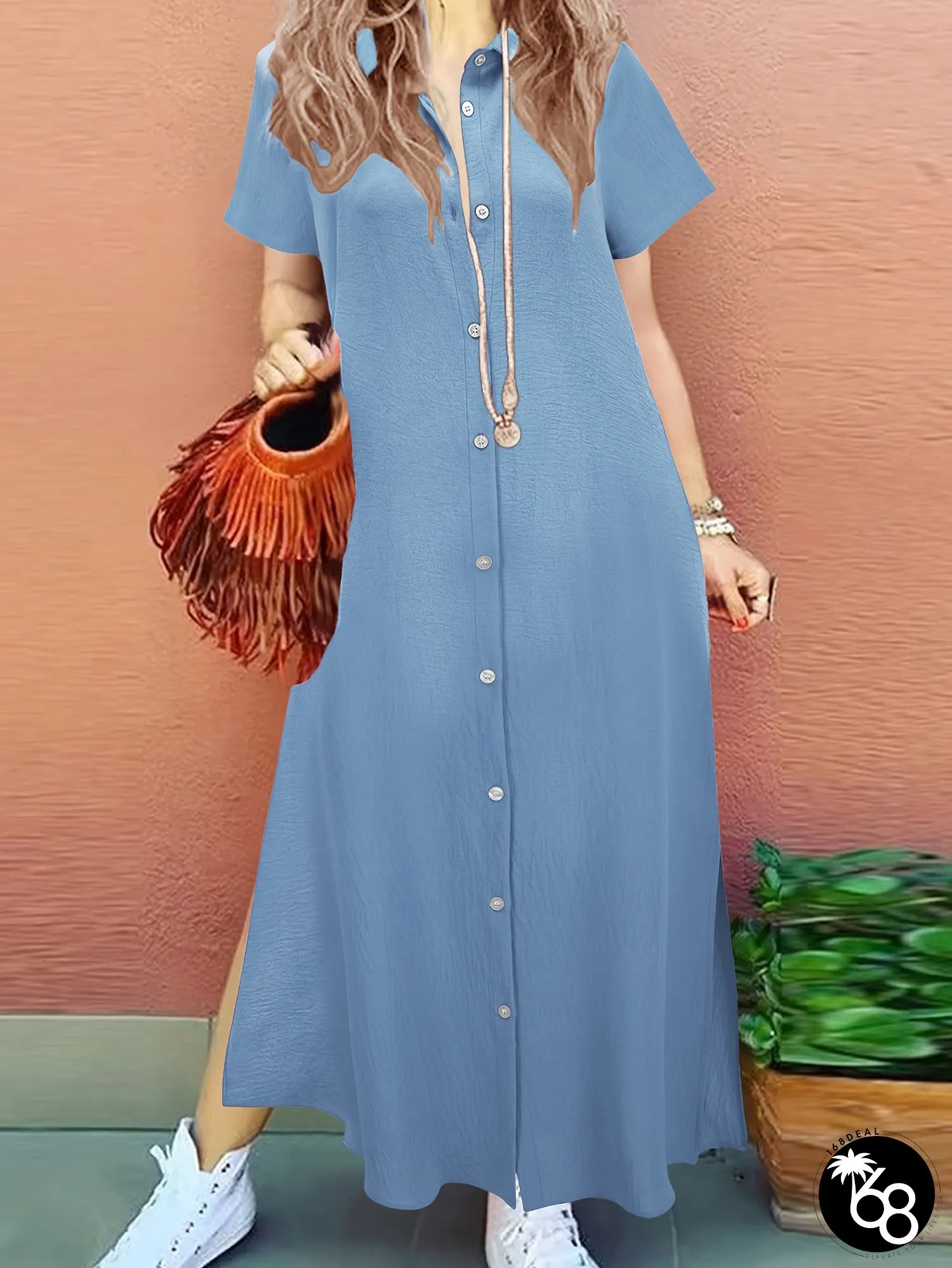 Womens Elegant Solid Color Short Sleeve Shirt Dress Button-Front Design With Chest Pockets | 168DEAL