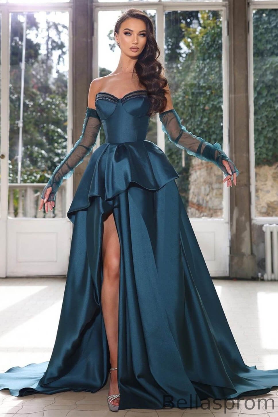 Bellasprom Ink Blue Sweetheart Split Evening Gown Layered Sleeveless On Sale Bellasprom