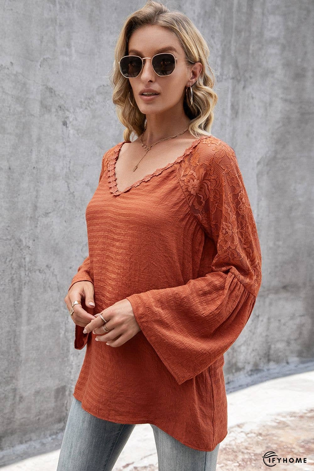 V-Neck Spliced Lace Flare Sleeve Top | IFYHOME