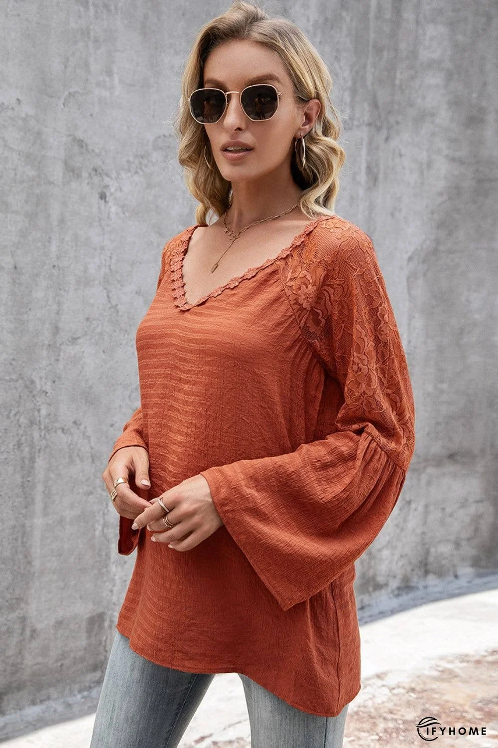 V-Neck Spliced Lace Flare Sleeve Top | IFYHOME