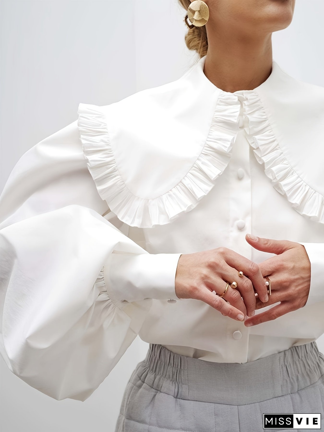 [Polyester Casual Shirt] Polyester Women's Casual Shirt - Asymmetrical Wide Shoulder Puff Sleeves, Solid Color Long Sleeve Blouse - Regular Fit Woven Fabric, 120gsm, Single Breasted Placket