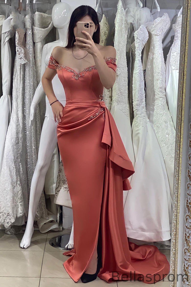 Bellasprom Dusty Orange Off-the-Shoulder Prom Dress Mermaid Long With Beads Bellasprom
