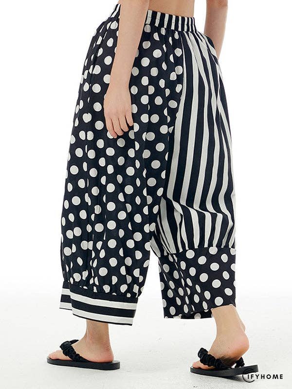 Loose Wide Leg Contrast Color Elasticity Polka-Dot Split-Joint Striped Cropped Trousers Pants | IFYHOME