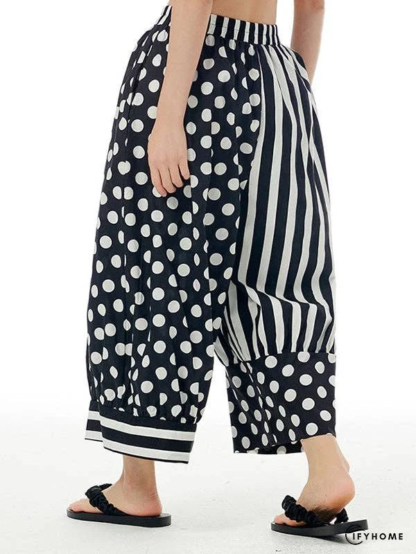 Loose Wide Leg Contrast Color Elasticity Polka-Dot Split-Joint Striped Cropped Trousers Pants | IFYHOME