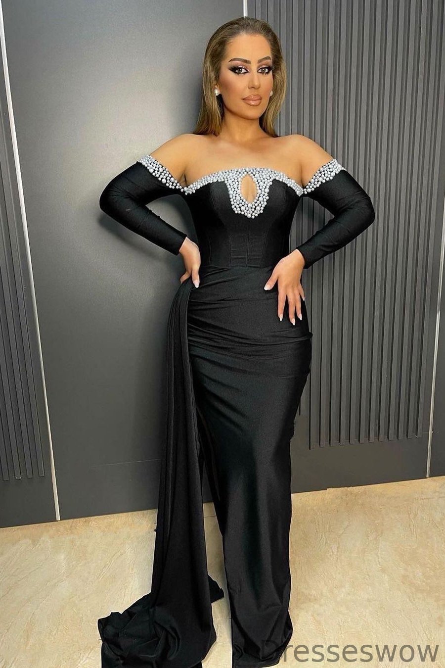 Dresseswow Black Long Sleeves Mermaid Party Prom Dresses With Pearls Ruffles