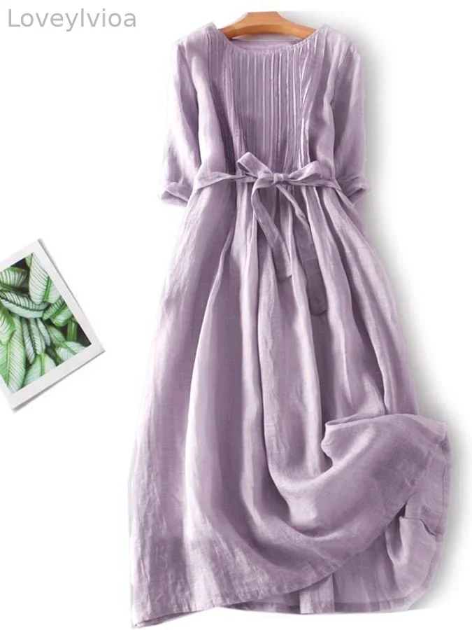Cotton And Linen Lace Up Three Quarter Sleeve Solid Color Dress