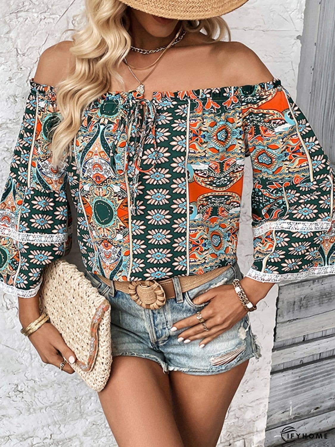 Printed Frill Trim Off-Shoulder Blouse | IFYHOME