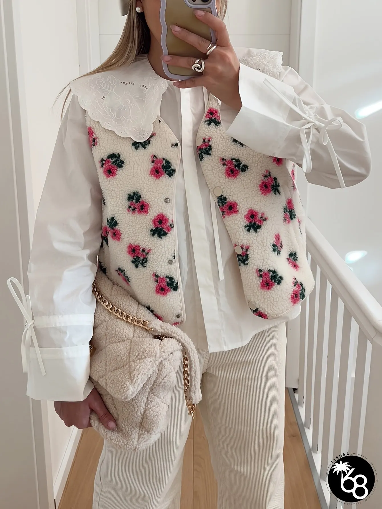 1PC FLEECE VEST WITH FLORAL PRINT CASUAL WARM OUTERWEAR JACKET PADDLED COAT SLEEVES FOR | 168DEAL