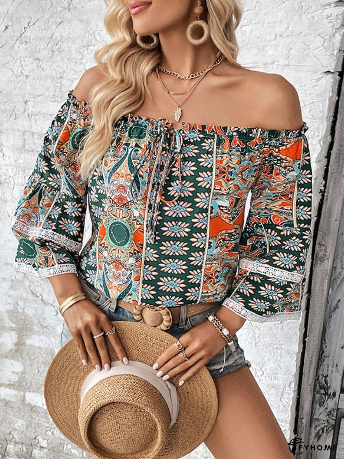 Printed Frill Trim Off-Shoulder Blouse | IFYHOME