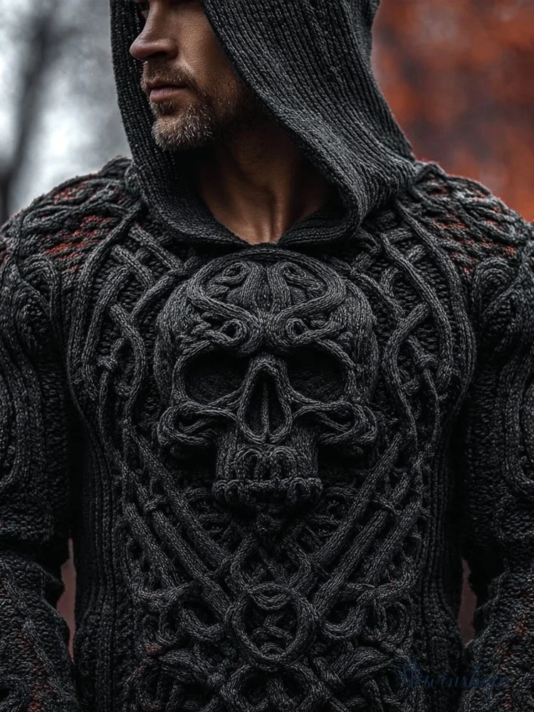 Men's Vintage Skull Celtic Chunky Cozy Hooded Sweater