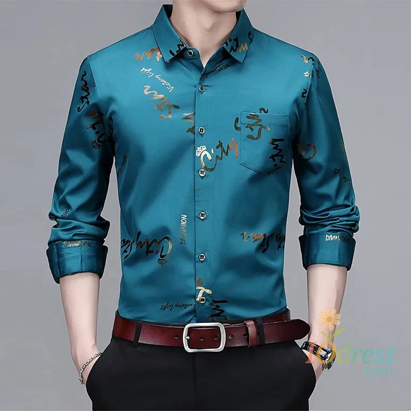 IO Menswear Men's Casual and Fashionable Long Sleeved Printed Shirt, Non Ironing and Wrinkle Resistant Business Top