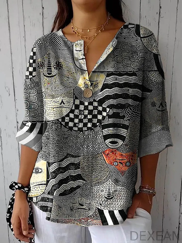 Women's Vintage Abstract Figure Art Print Casual Cotton Linen Shirt