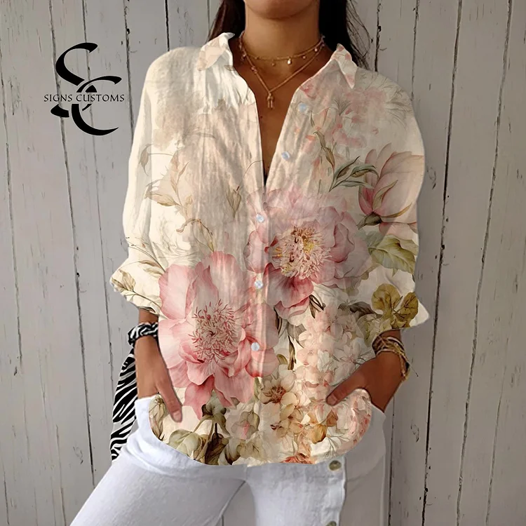 Women's  Vintage Floral Art  Print Casual Linen V-neck Shirt