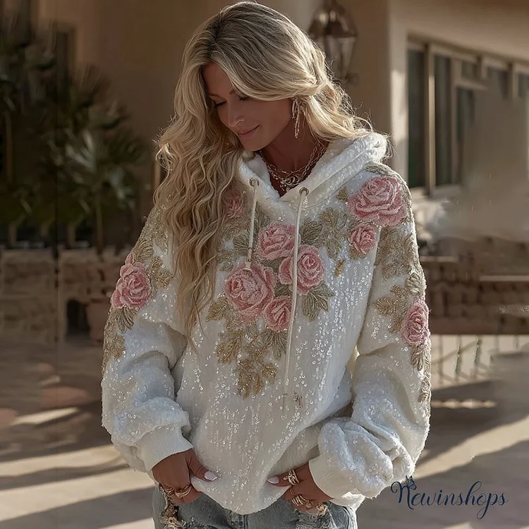 Women's Vintage Pink Floral Embroidery Sequins Art Warm Hooded Sweatshirt