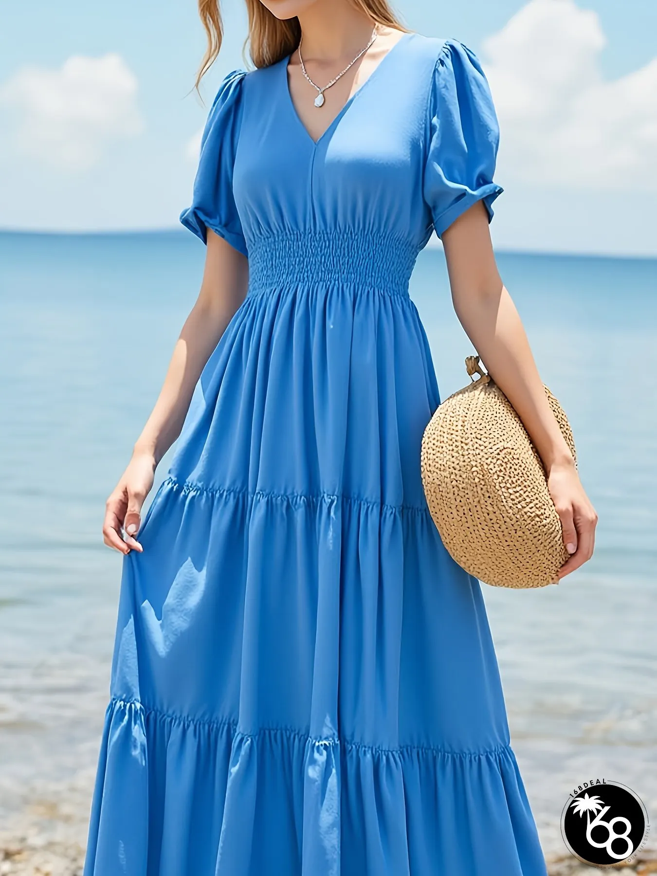 Summer New Temperament Waisted Seaside Vacation Style V-Neck Dresses | 168DEAL