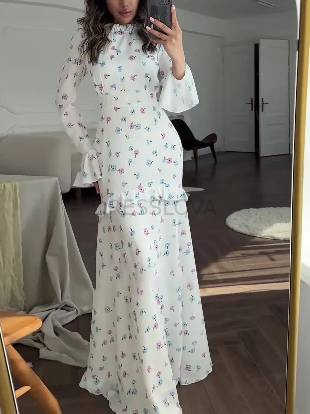 Long Side Ruffled Dress Printed Ruffled Long Dress