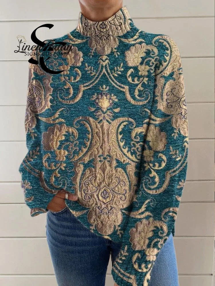 Women's Vintage Lovely Floral Art Print Knit Turtleneck Pullover Sweater