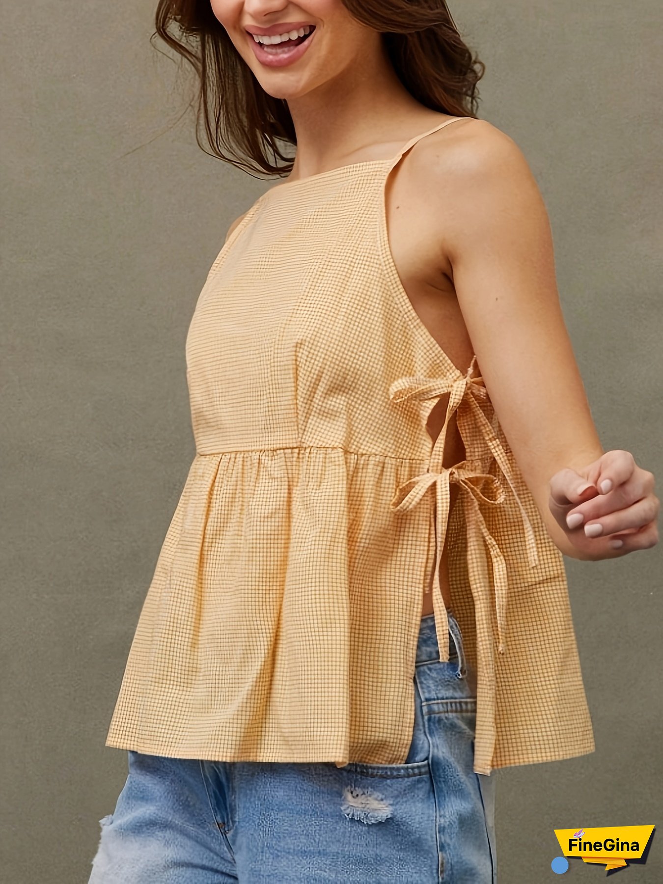 [Plaid Blouse] Yellow & Black Plaid Sleeveless Blouse | V-Neck A-Line Tank Top, Ruffled Hem, Polyester Fabric | Women's Summer Vacations, Denim Outfit