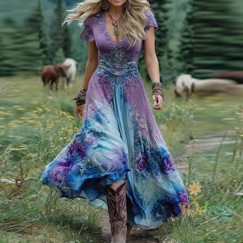 IO Dress Mujer Ethnic Floral Print Patchwork Vintage Dresses Woman Sexy Deep V Neck A-Line Long Dress Summer Short Sleeve Boho Maxi Dress