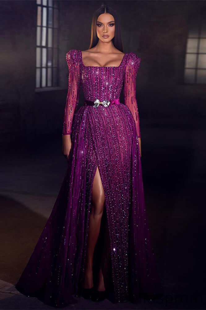 Bellasprom Purple Long Sleeves Prom Dresses Mermaid Square Beadings With Split Bellasprom