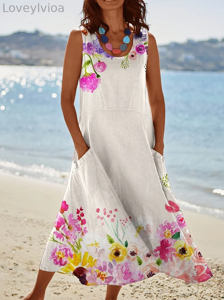 Women‘s Spring Flowers Pattern Pocket Pinafore Linen Dress