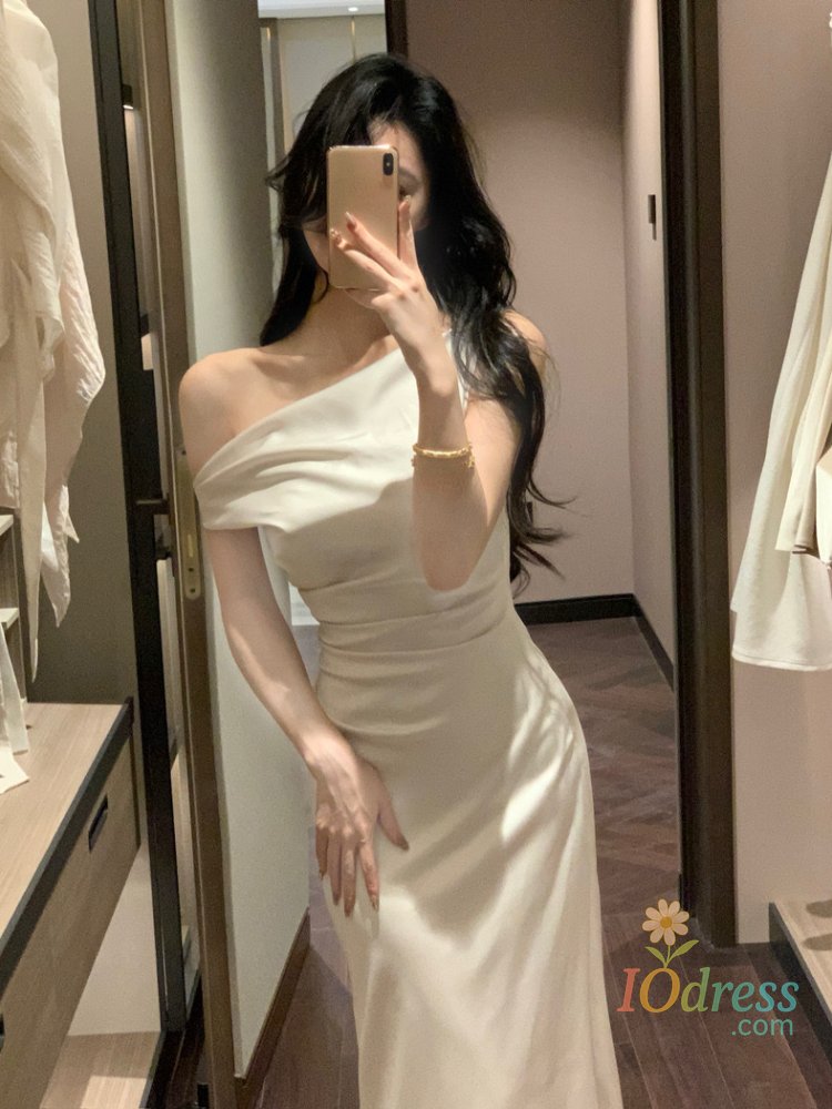 IO Dress Summer French Slim Dress Women Casual Sleeveless Slant Shoulder Dress Evening Party Elegant One Piece Dress Korean Fashion IO Dress