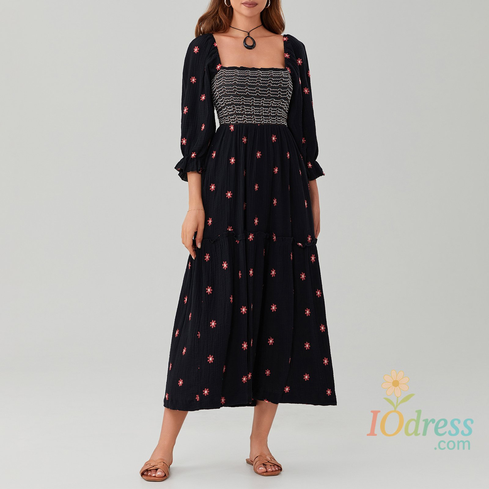 IO Dress Autumn Vintage Elegant Party Long Dresses Women Long Sleeve Square Neck Embroidery Flower Dress Loose Slim Pleated Swing Dress