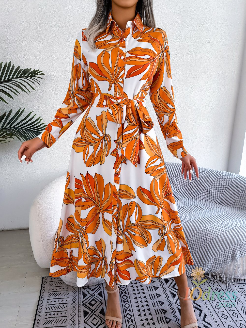 IO Dress Women Casual Floral Print Long Sleeve Maxi Shirt Dress