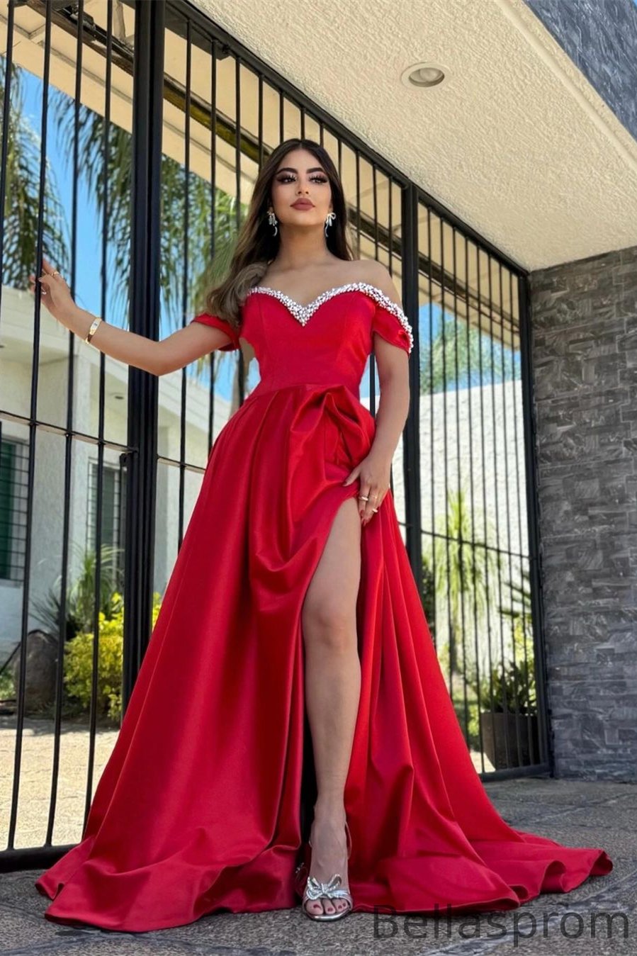 Bellasprom Red Sweetheart Off-the-Shoulder Sleeveless Mermaid Prom Dress With Split Beadings Bellasprom