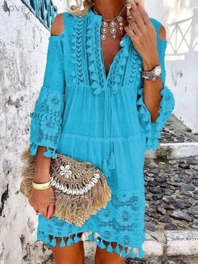 Women's Comfortable Casual Fringed Lace V-Neck Dress