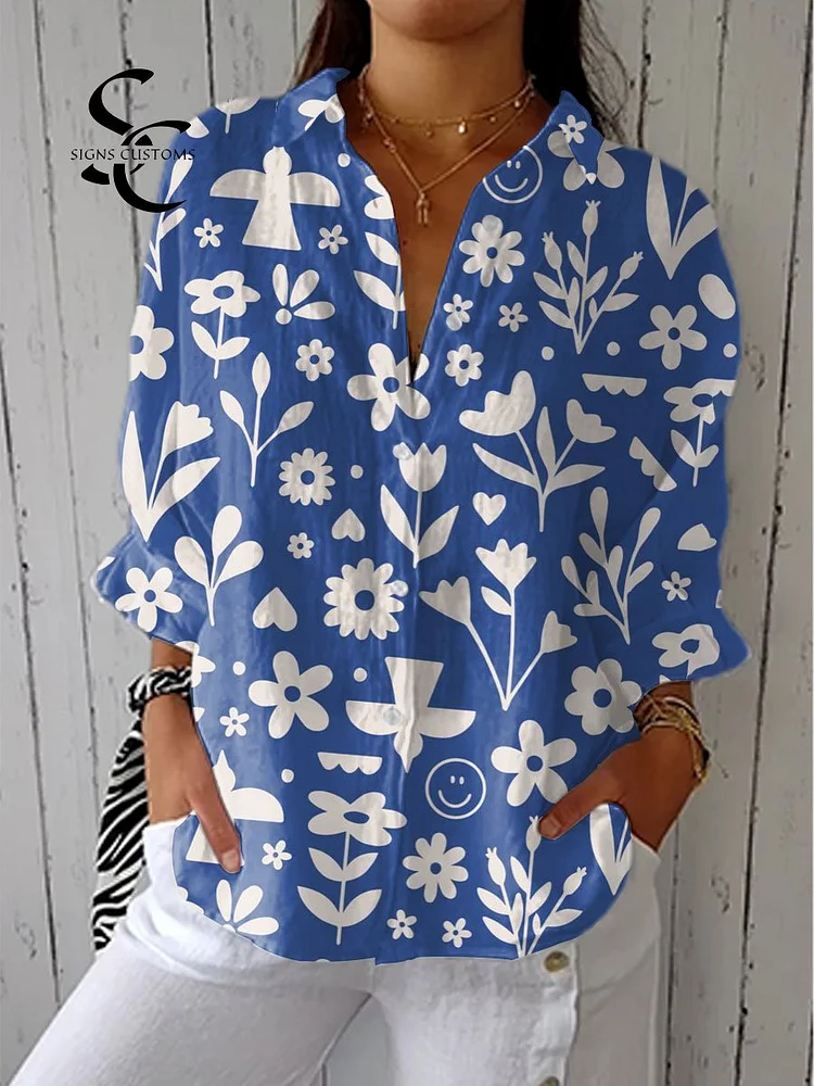 Women's  Vintage Flower Art Print Casual Linen V-neck Shirt