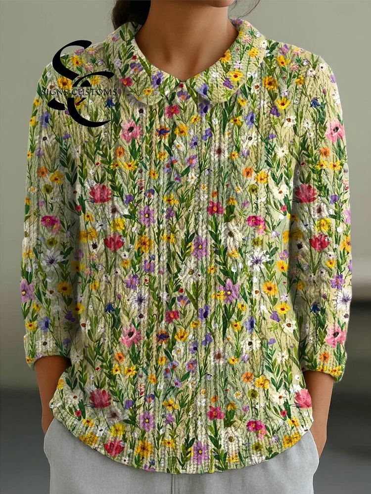 Women's Vintage Floral Art Print Casual Peter Pan Collar 3/4 Sleeve Sweater