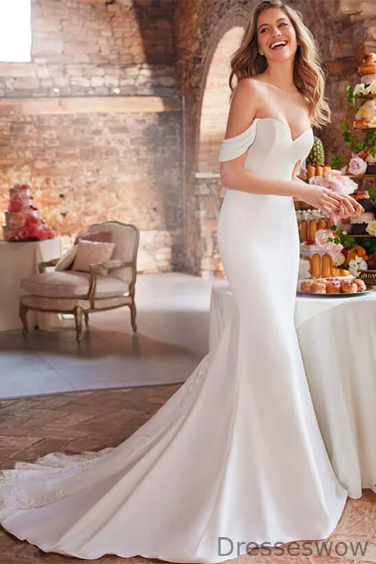 Dresseswow Off-the-Shoulder Sweetheart Satin Wedding Dress Mermaid With Lace Appliques