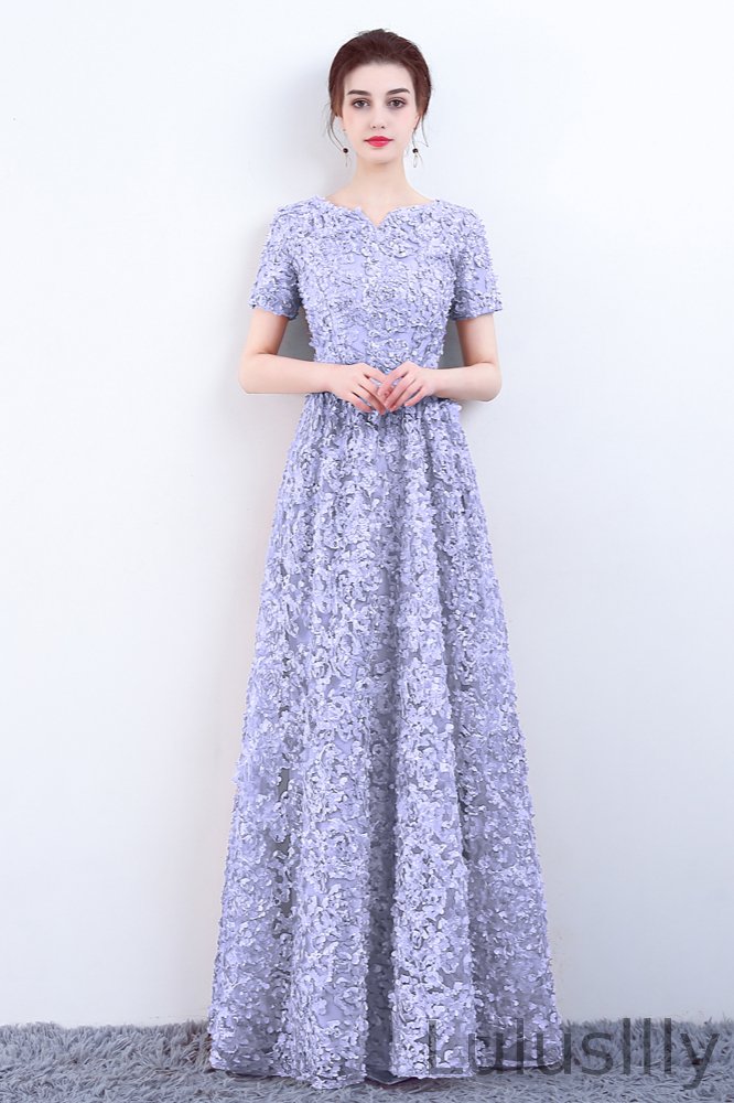 Elegant Short Or Long Sleeves Lace Evening Gowns Online Zipper Back With Belt - lulusllly