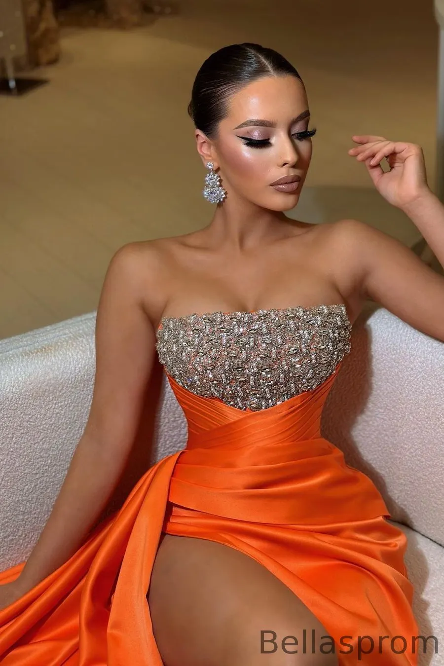 Bellasprom Orange Slit Prom Dress Strapless With Beads