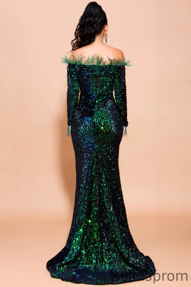 Bellasprom Long Sleeves Sequins Evening Gowns Mermaid Prom Dress With  Feather Off-the-Shoulder