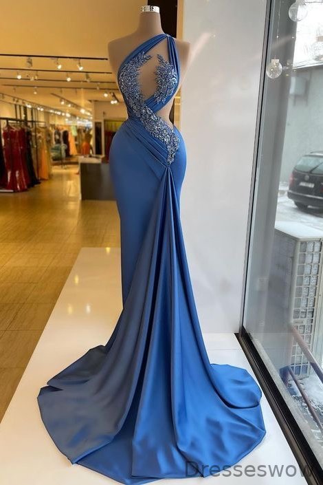 Dresseswow Blue One Shoulder Mermaid Prom Gown Beadings Appliques Sleeveless