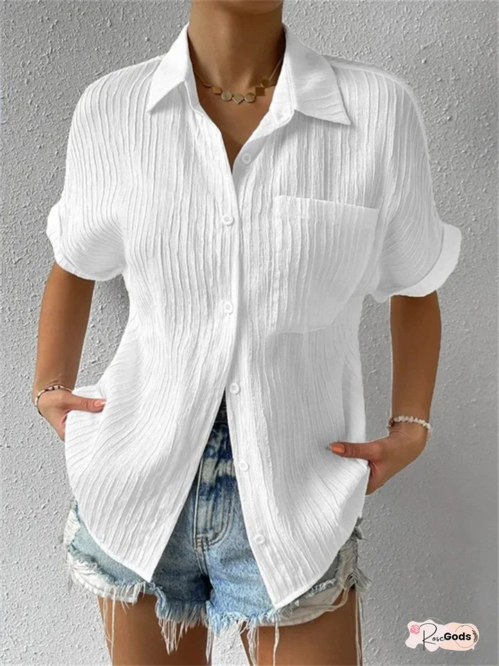 Spring and Summer New Explosive Tops Cotton Linen Pocket Stand-up Collar Cardigan with Short-sleeved Loose Type Shirt T-shirt Women