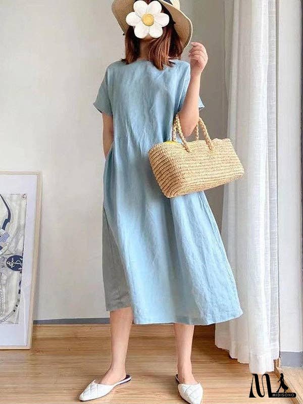 Casual Loose Solid Color Round-Neck Midi Dresses