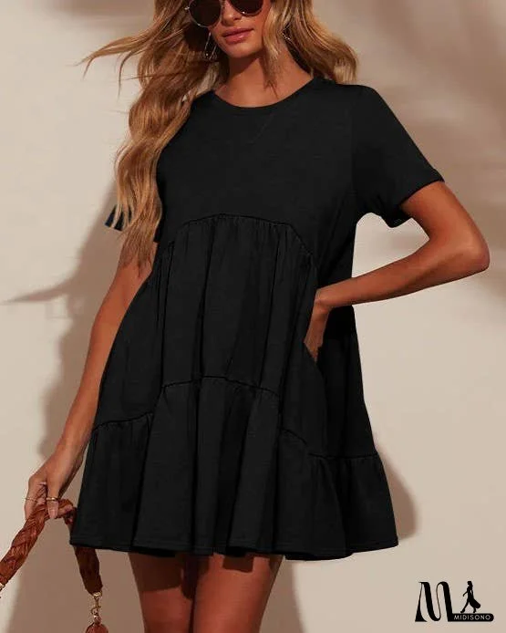 Casual Pockets Round Neck Pleated Loose Dress