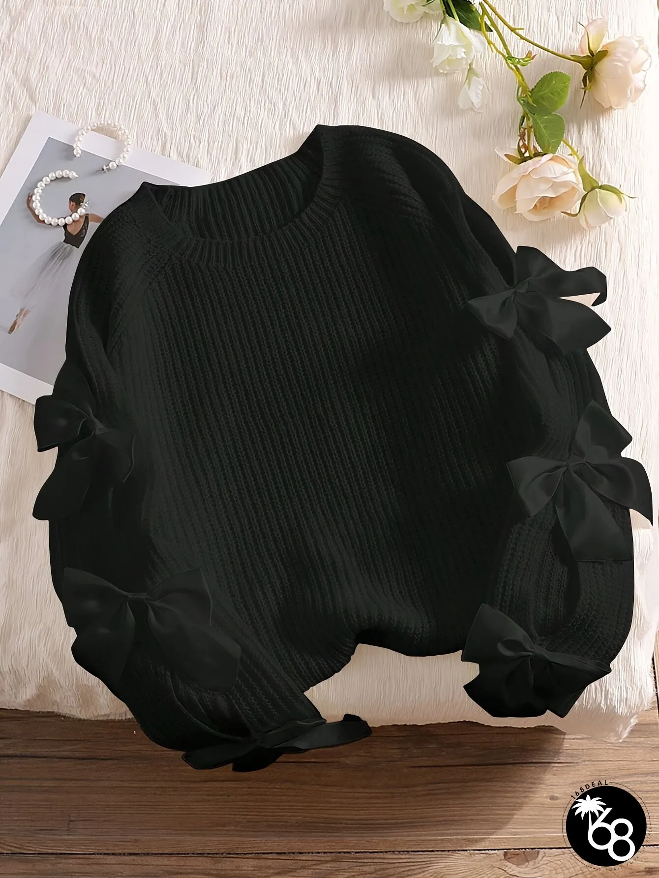 Plus Size Autumn & Winter Fashion-Elegant Womens Solid Color Bow Round-neck Sweater | 168DEAL