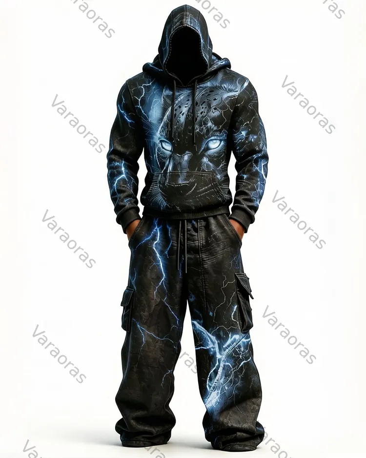 Men's Fashion Viking Contrast Color Embroidered Hoodie & Pants Two-Piece Set 7705